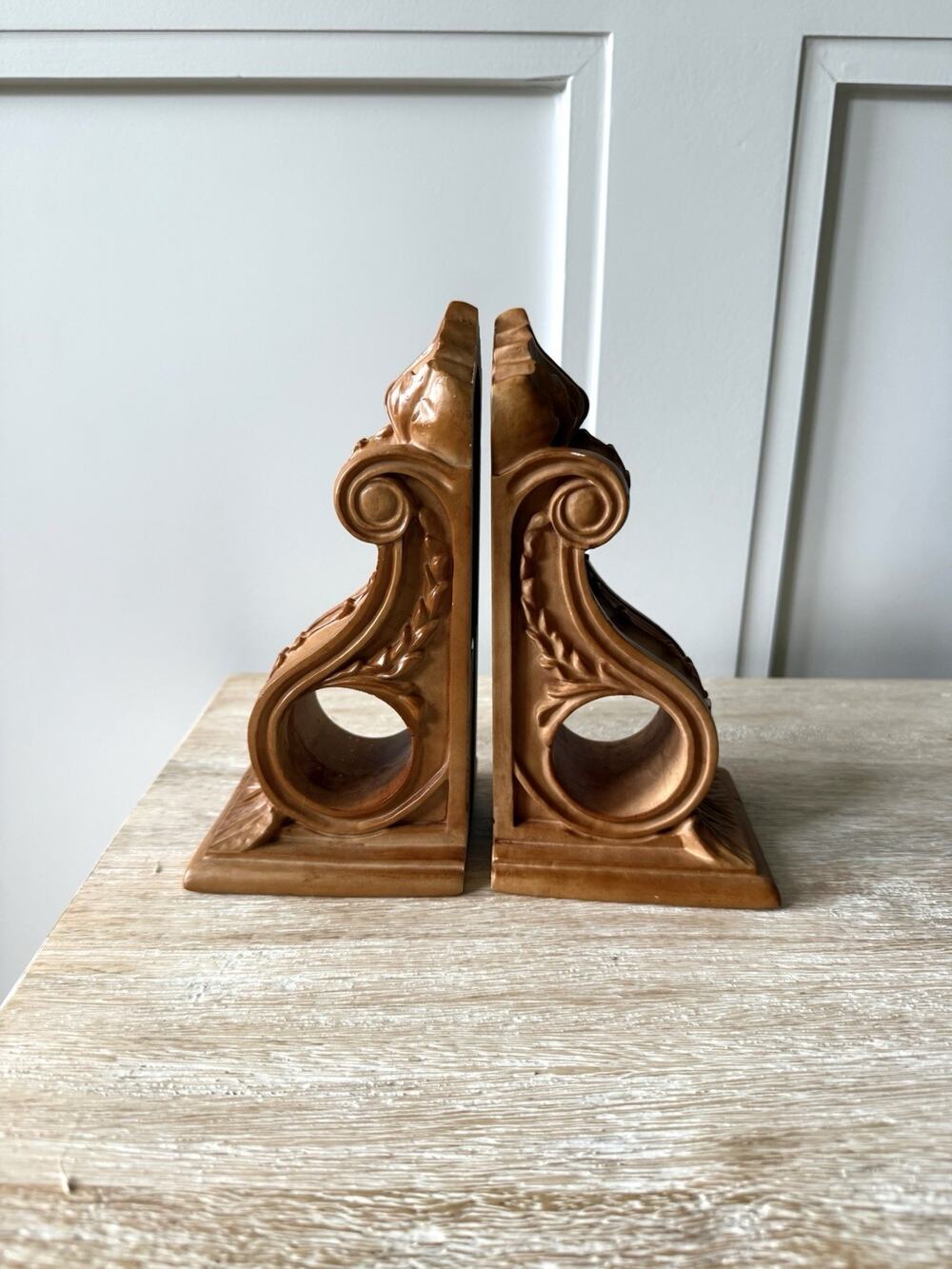 Vintage Ornate Hand Carved Wood Bookend or Wall Sconce Pair